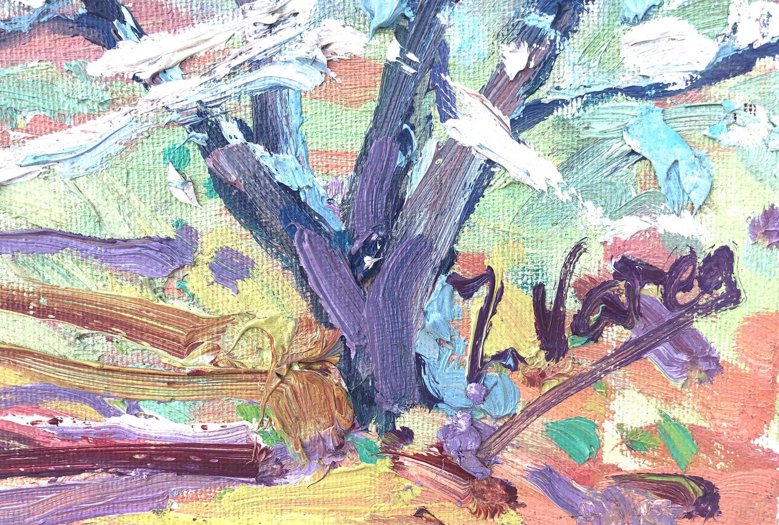 Juan Varea Mediterranean Almond Blossom Landscape Riells Catalonia Spanish Impressionist Oil Painting 1992 photo furniture