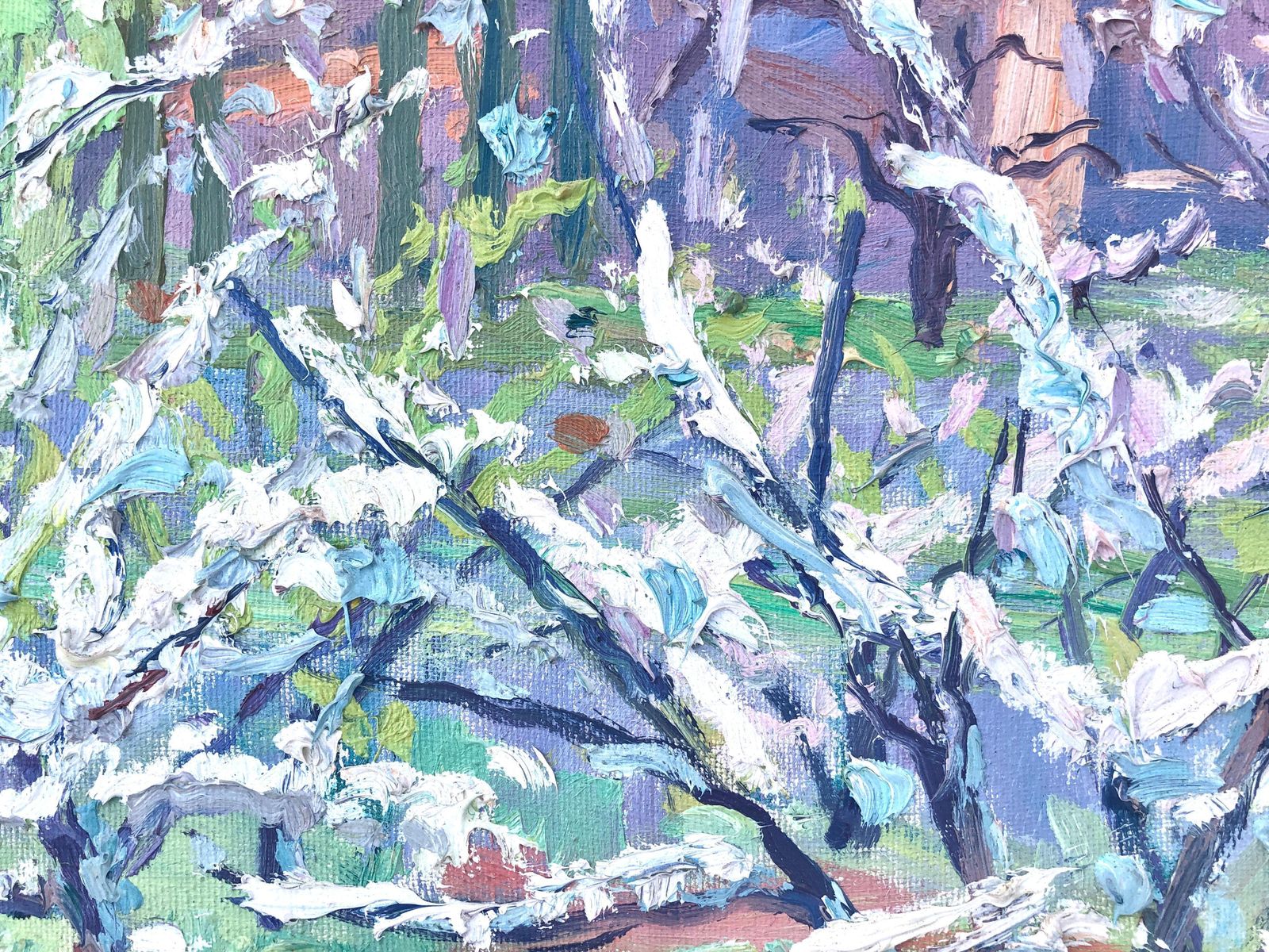 Juan Varea Mediterranean Almond Blossom Landscape Riells Catalonia Spanish Impressionist Oil Painting 1992 photo for sale