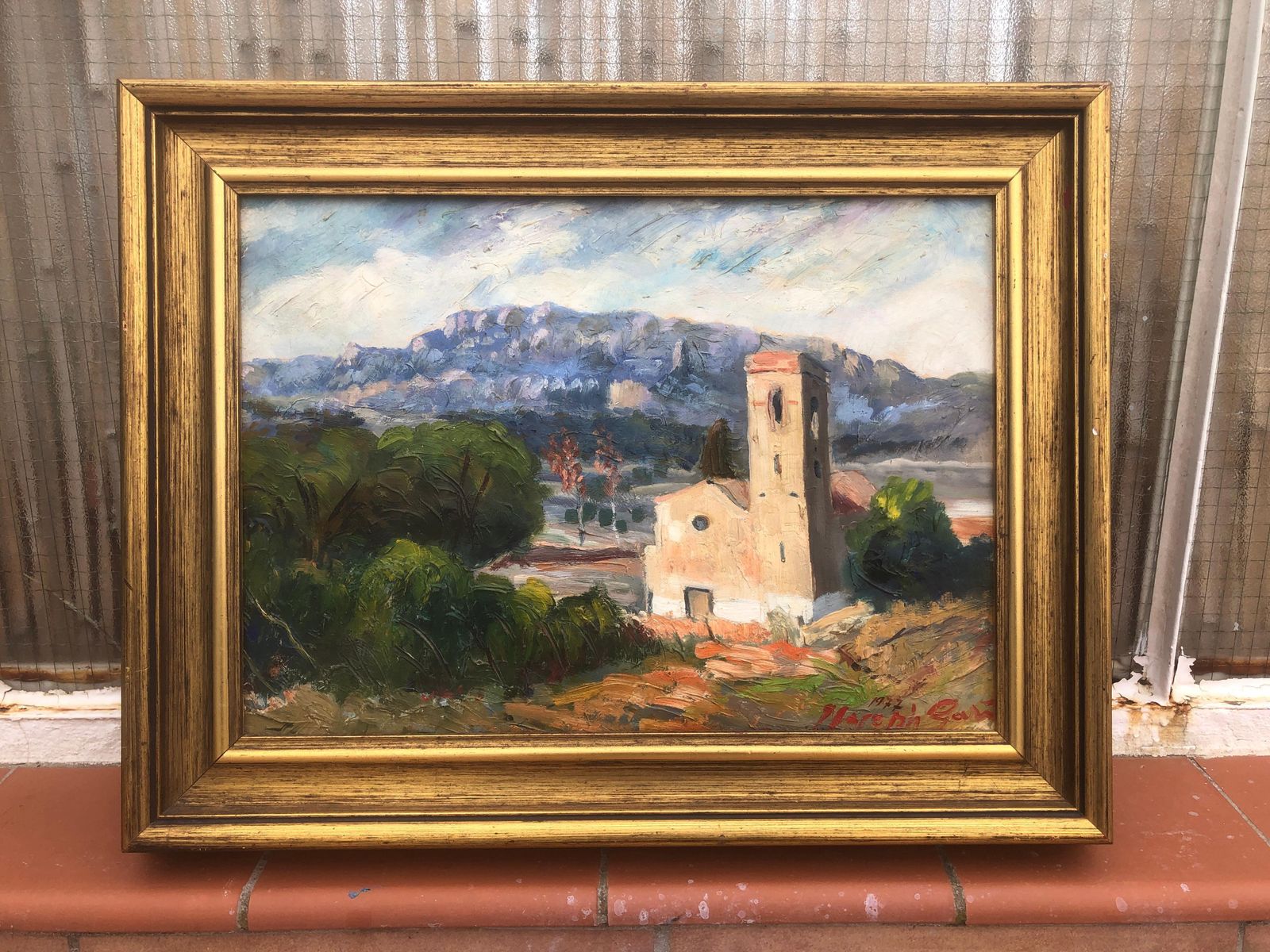 Joan Joseph Gari Mediterranean Church Landscape Catalan Post Impressionist Mountain Scene Oil 1977 photo furniture