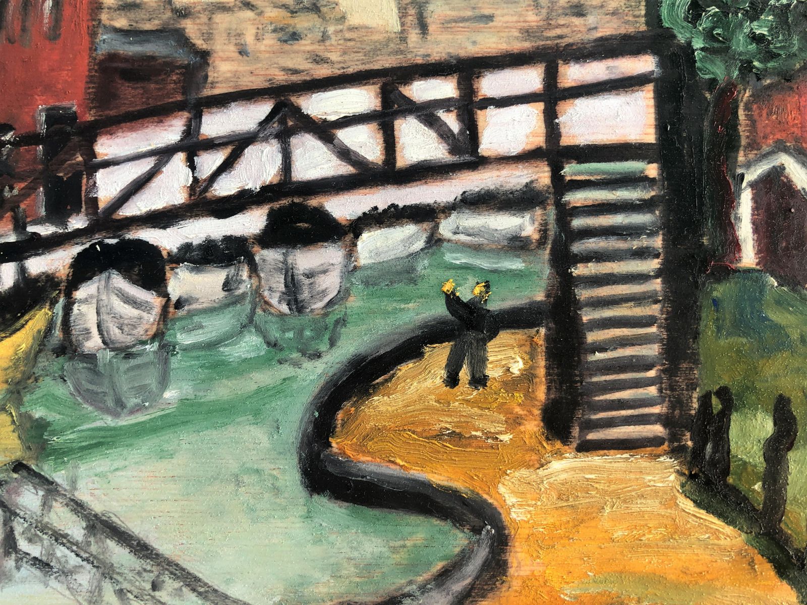 Vladimir Ksieski – Klein Fauvistisch Rivierlandschap Met Boot, Expressionistisch Olieverf Op Paneel, Ca. 2020 photo vinterior