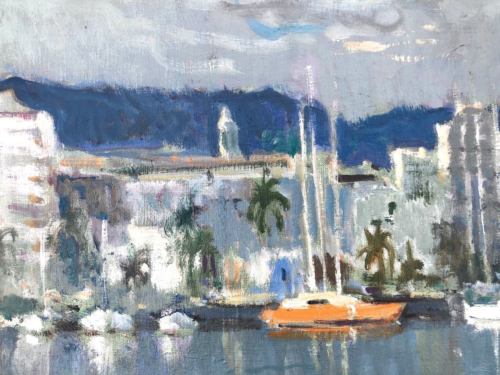 Antonio Sala Herrero Mediterranean Marina Spain Oil On Canvas Painting C.1980 photo vinterior