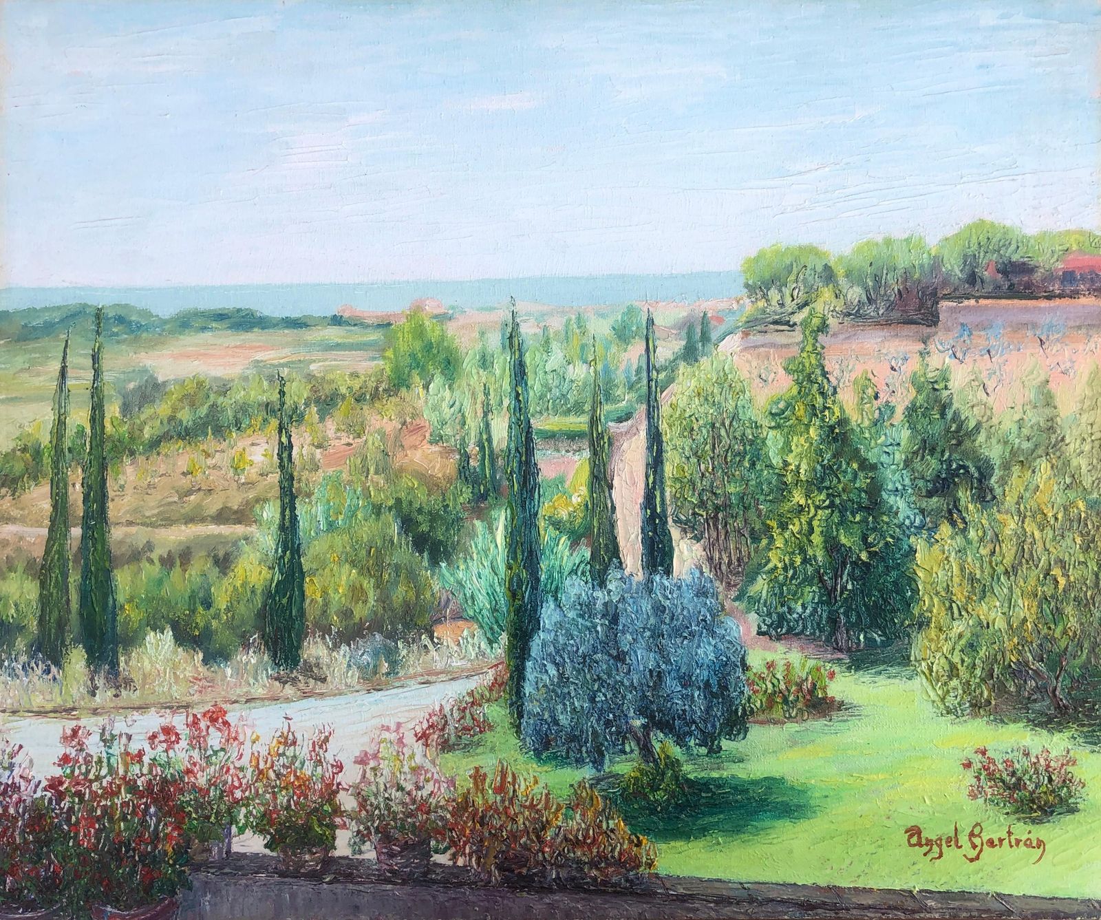 Angel Bertran Montserrat Mediterraan Tuinlandschap Met Cipressen Spaans Post Impressionistisch Olieschilderij Jaren 1990