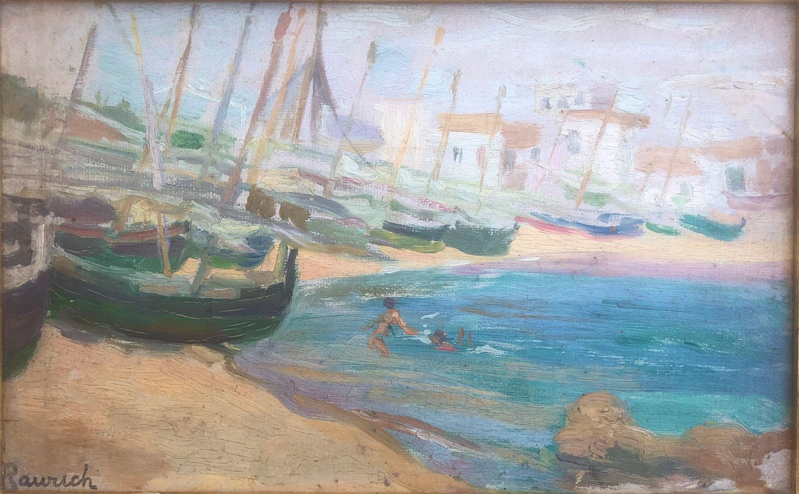 Nicolau Raurich Petre – Boten Op Het Strand – Olieverf Op Paneel, Spaans Zeegezicht, Spanje, Ca. 1940