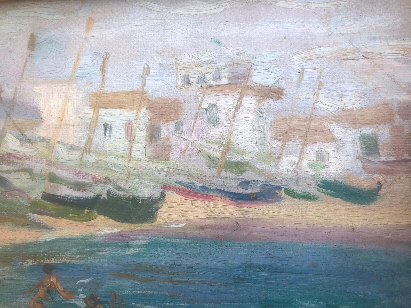 Nicolau Raurich Petre Boats On The Beach Oil On Board Painting Spanish Seascape Spain C.1940 photo 600.0