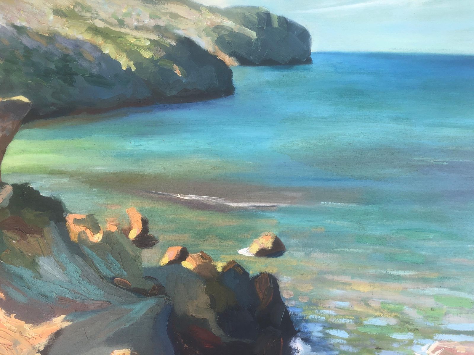 Josep Sole Pujol Mediterranean Coastal Landscape Mallorca Seascape Impressionist Oil Painting Art C.1965 photo buy