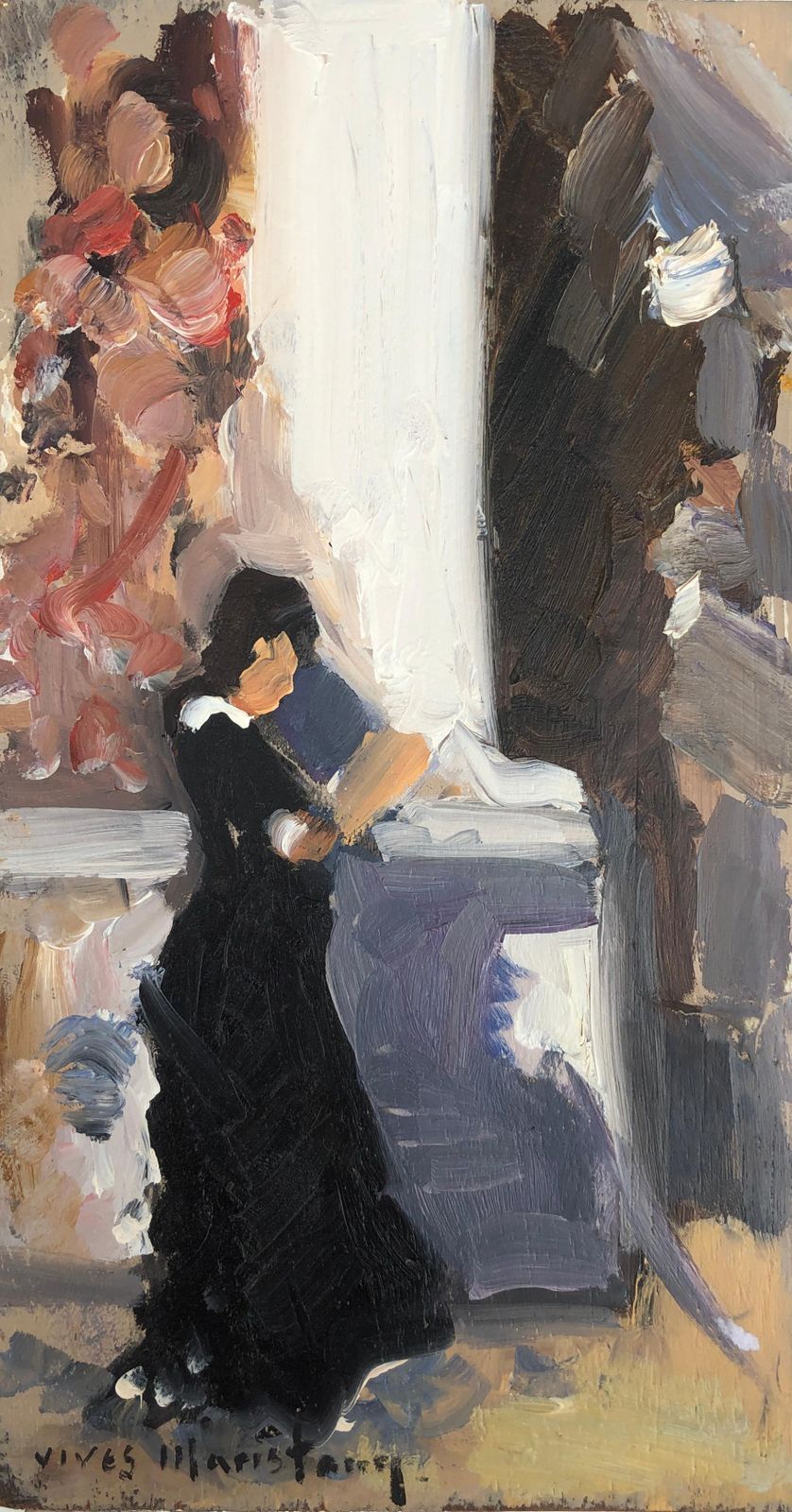 Joan Vives Maristany Mediterranean Interior Woman Reading Oil Painting Small Spanish Impressionist Figurative Scene Vintage Female Figure Artwo C.1990