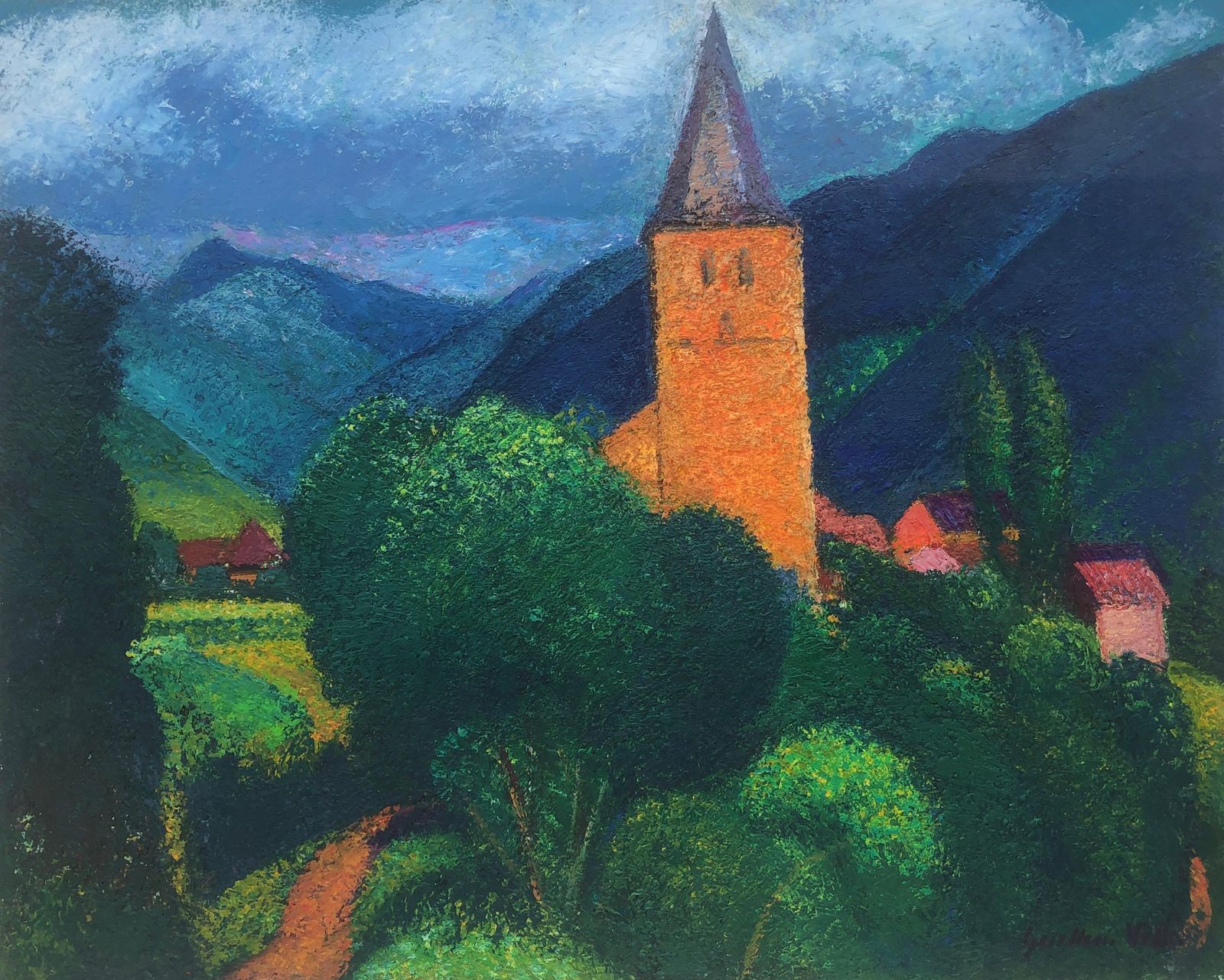 Guillem Villà Bassols Post Impressionist Pyrenees Village Church Tower Landscape Spain Oil Painting 1973