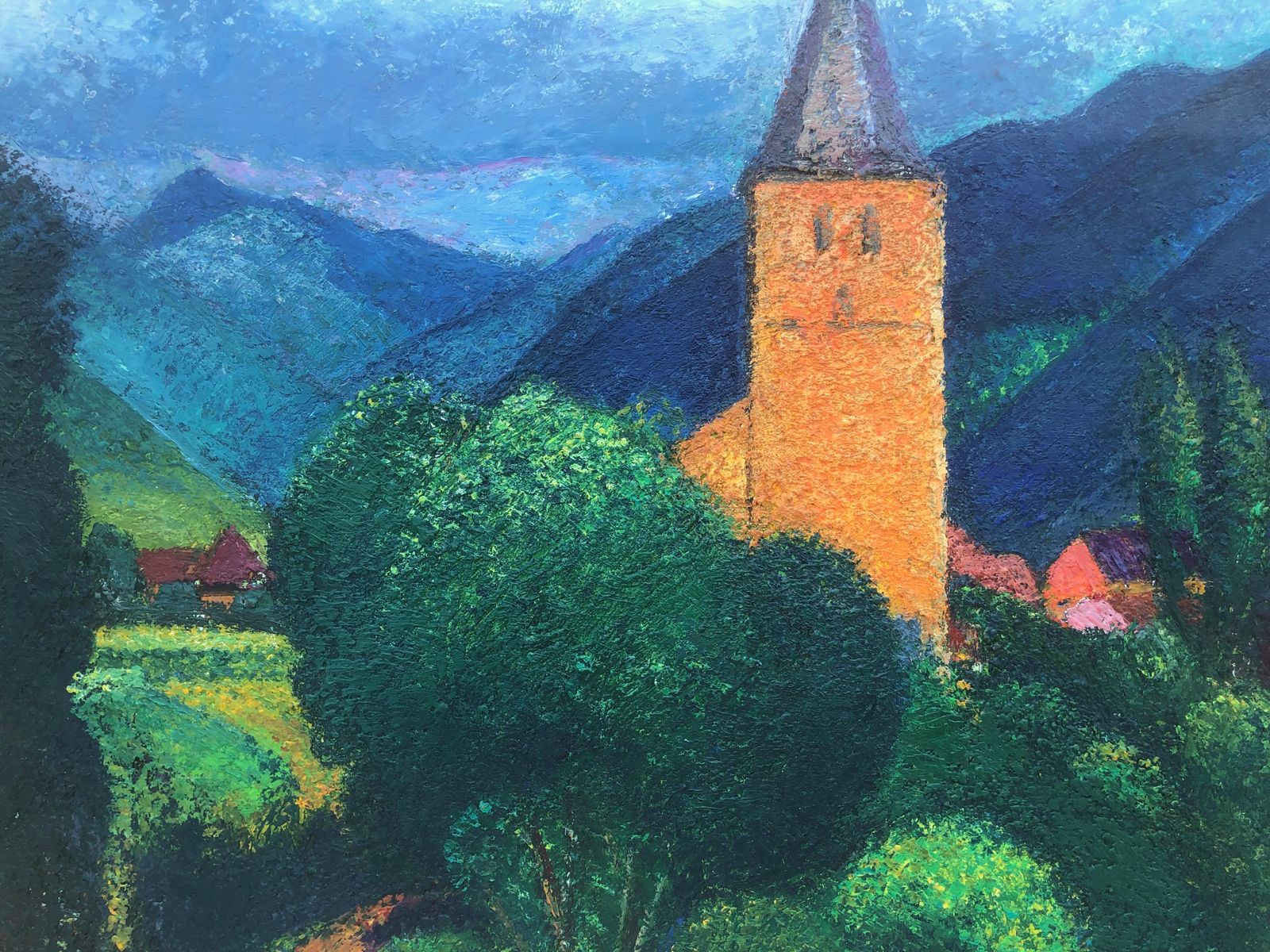 Guillem Villà Bassols Post Impressionist Pyrenees Village Church Tower Landscape Spain Oil Painting 1973 photo buy