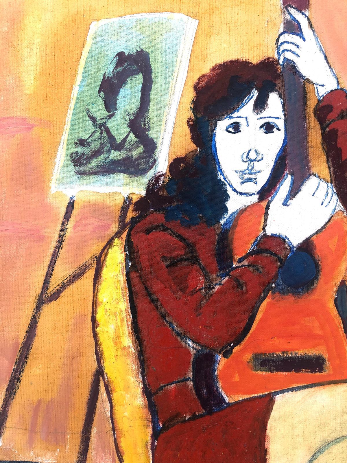 Jordi Curos Woman Posing With Guitar Acrylic Painting 1979 photo vinterior