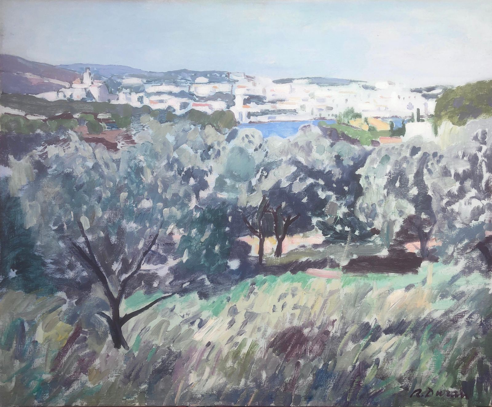 Rafael Duran Benet Cadaques Spanish Landscape Oil On Canvas Painting Spain Mediterranean C.1990