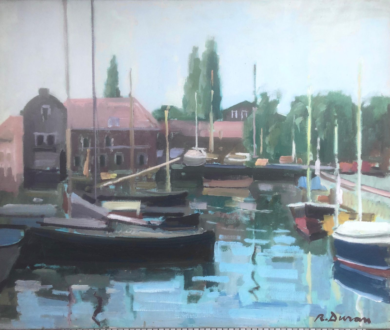 Rafael Duran Benet Fishing Port Oil On Canvas Painting Spain Spanish Seascape C.1990