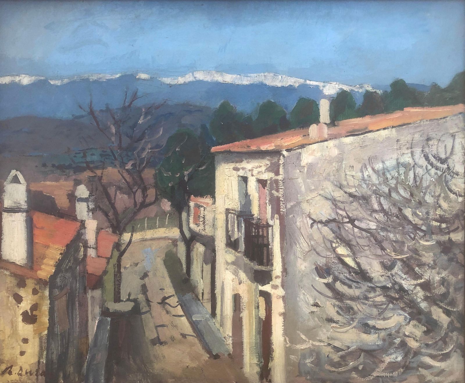 Rafael Duran Benet Town Spanish Landscape Oil On Canvas Painting Spain Mediterranean 1972