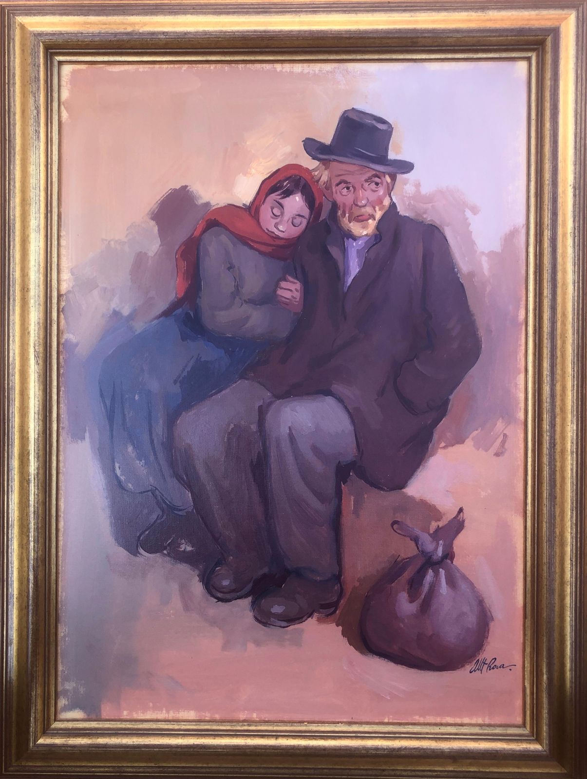 Albert Roca Mediterranean Figurative Painting Of Vagabond And Daughter Spanish Modern Oil C.1990 photo furniture
