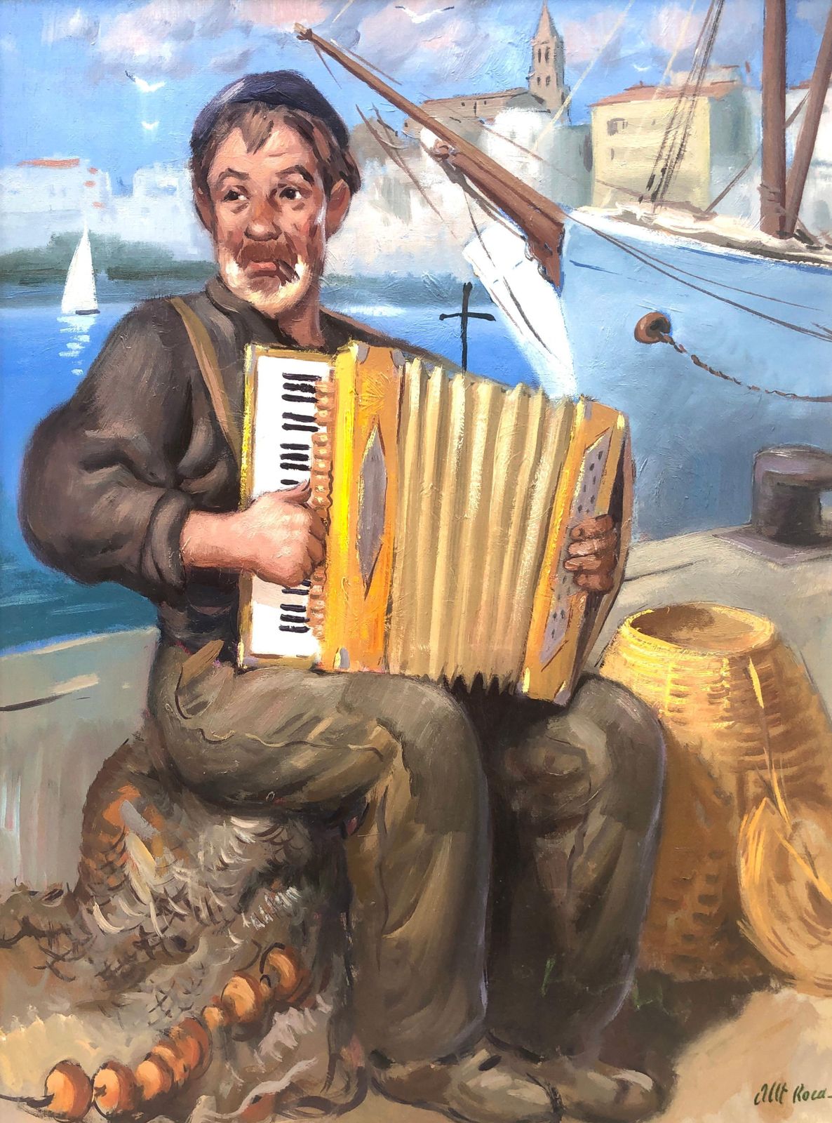 Albert Roca Mediterranean Fisherman Playing Accordion Harbor Figurative Oil Painting Europe 1990s
