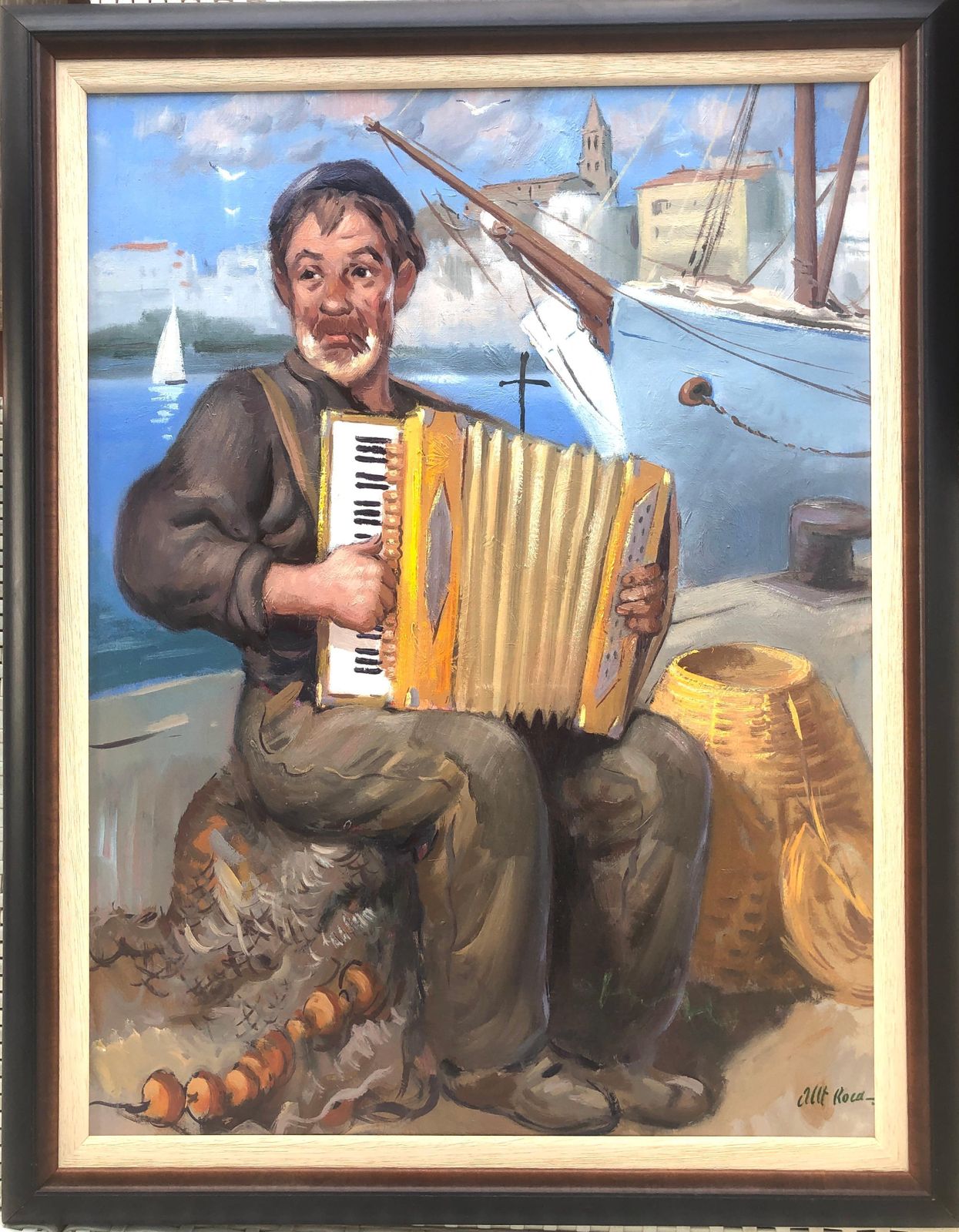 Albert Roca Mediterranean Fisherman Playing Accordion Harbor Figurative Oil Painting Europe 1990s photo furniture