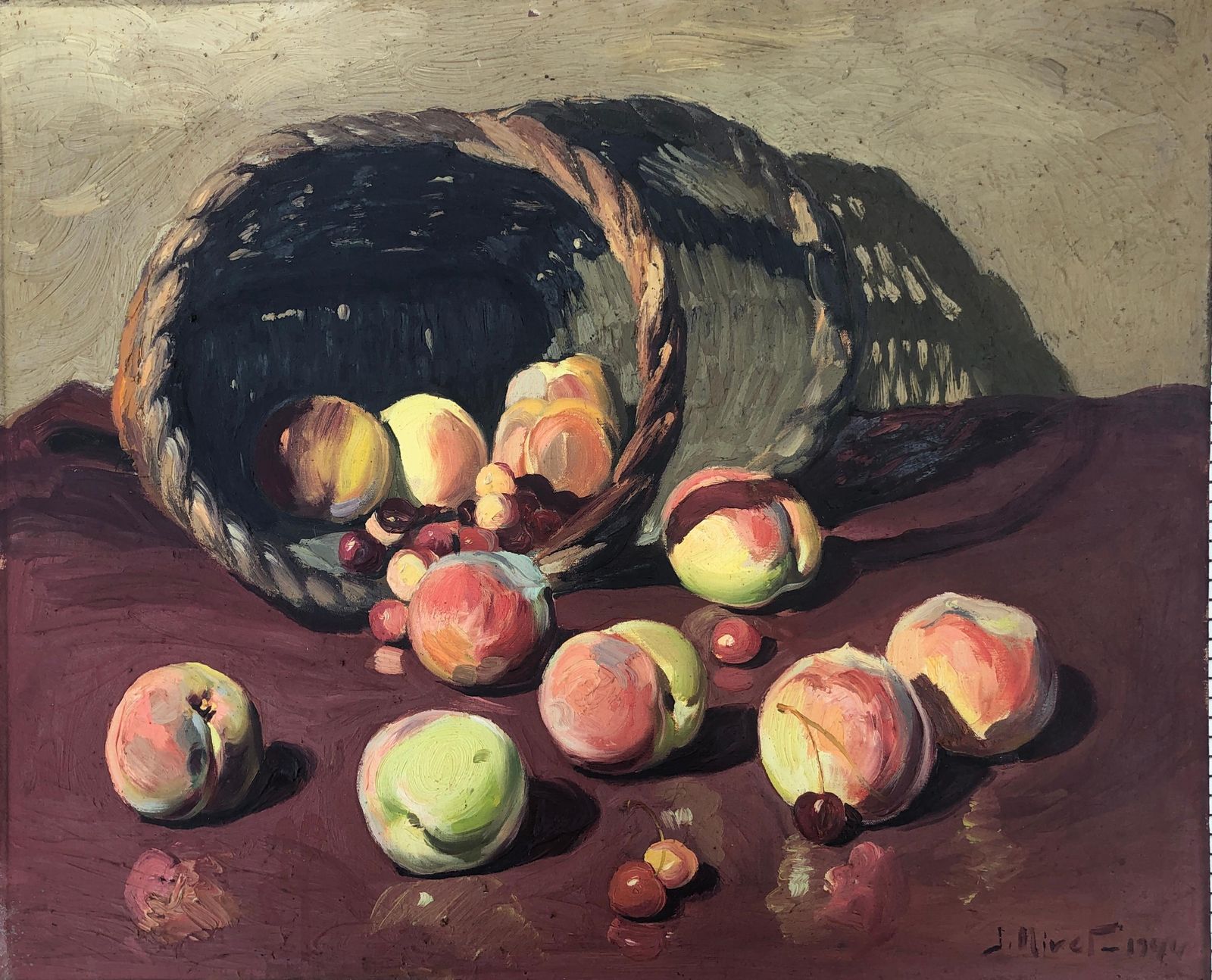 Jose Miret Aleu Still Life Of Peaches And Cherries Oil On Canvas Painting 1944