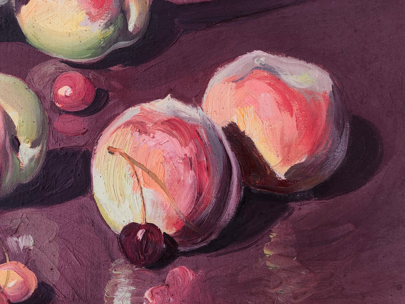 Jose Miret Aleu Still Life Of Peaches And Cherries Oil On Canvas Painting 1944 photo for sale