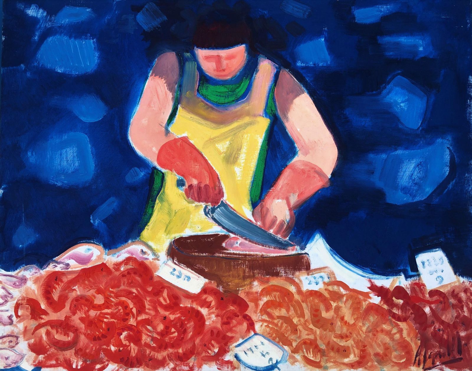 Manuel Capdevila Massana Barcelona Fishmonger La Rambla – Catalan Expressionist Oil Canvas Painting 1970s