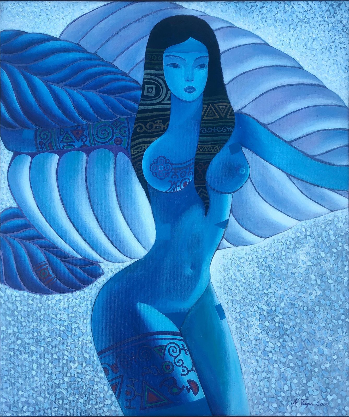 Tuya Natsagdorj Contemporary Blue Figurative Female Symbolist Oil Painting International Modern Style
