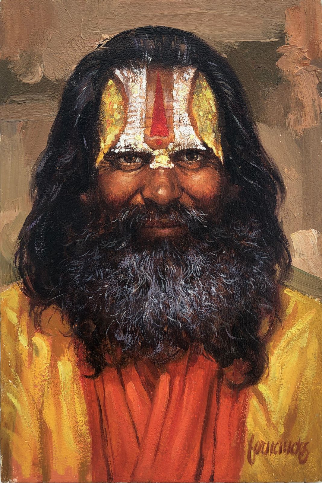 Fernando Fernandez Sadhu Wise Indian Oil On Board Painting India C.2000