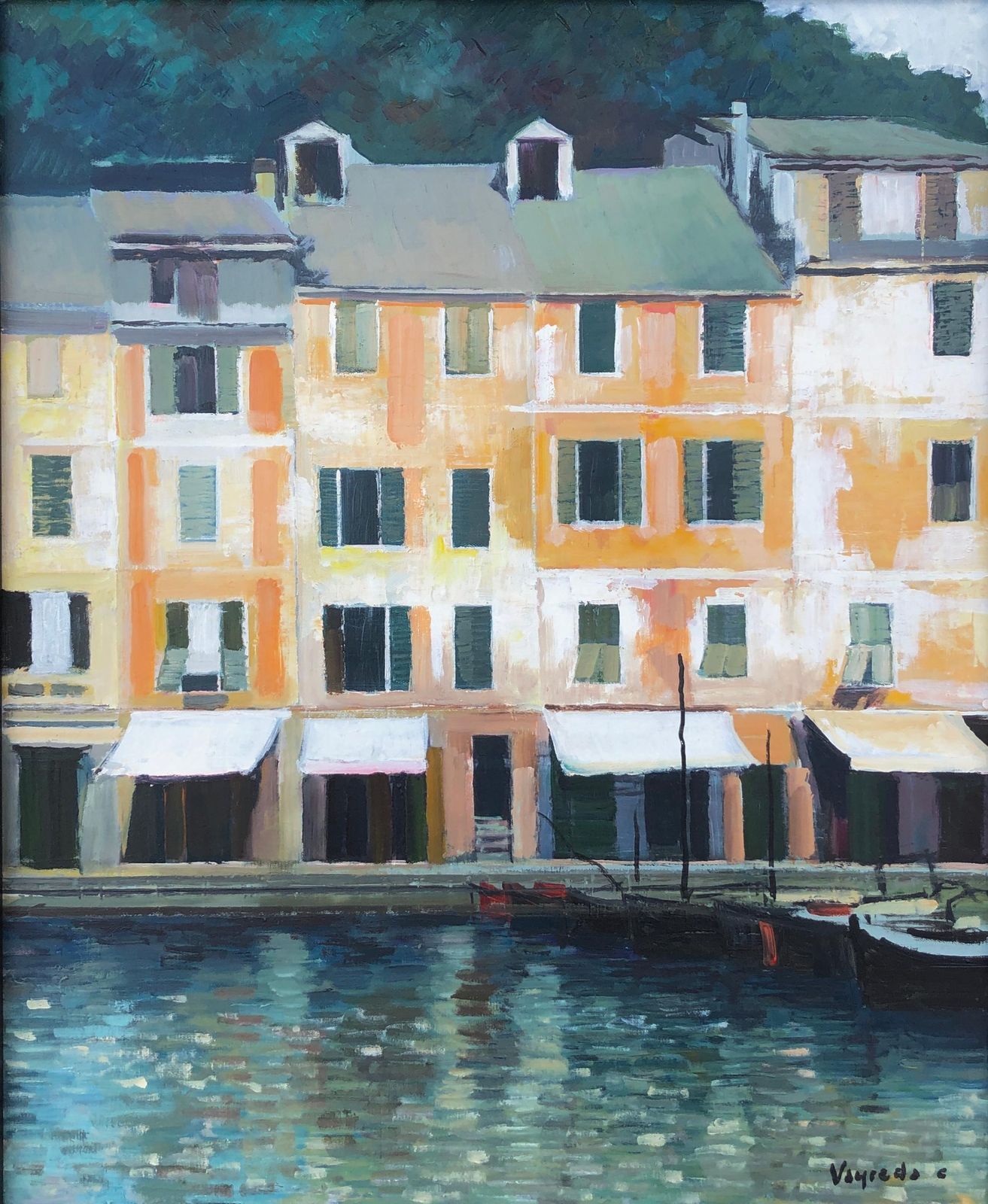 Josep Maria Vayreda Canadell Honfleur France Oil On Canvas Painting French Seascape Urbanscape C.1990