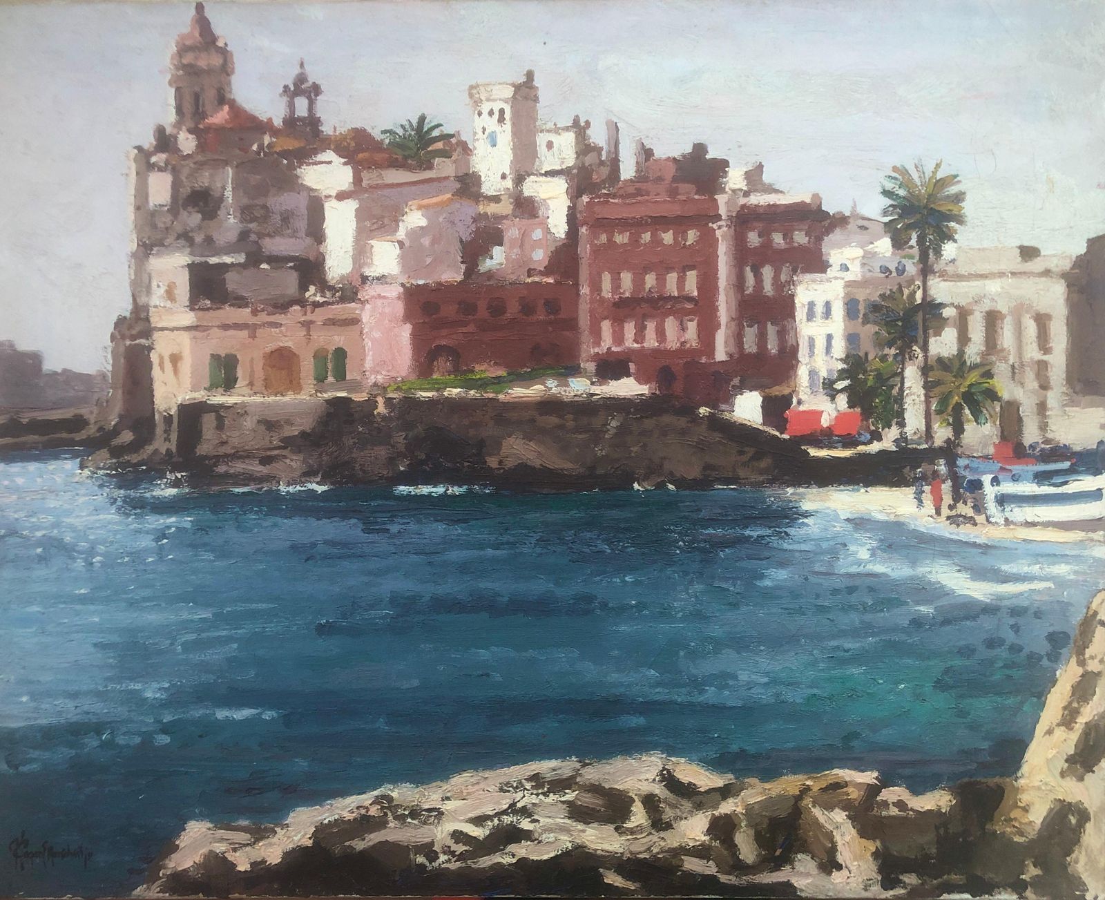 Jordi Pagans Montsalvatje – Zeegezicht Van Sitges, Spanje – Olieverf Op Doek – Mediterraan – 1972