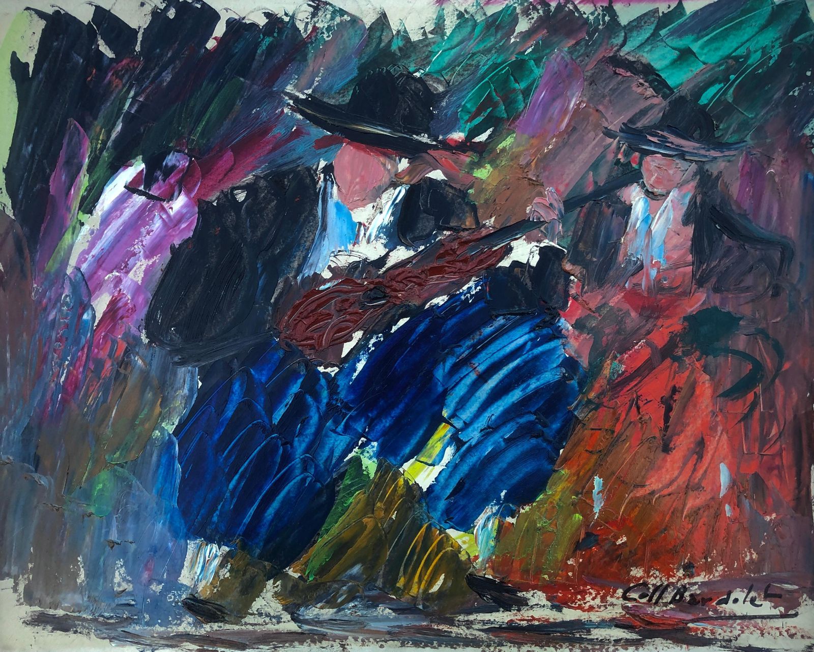 Coll Bardolet Musicians And Dancers From Mallorca Oil On Board Painting Spain C.1980