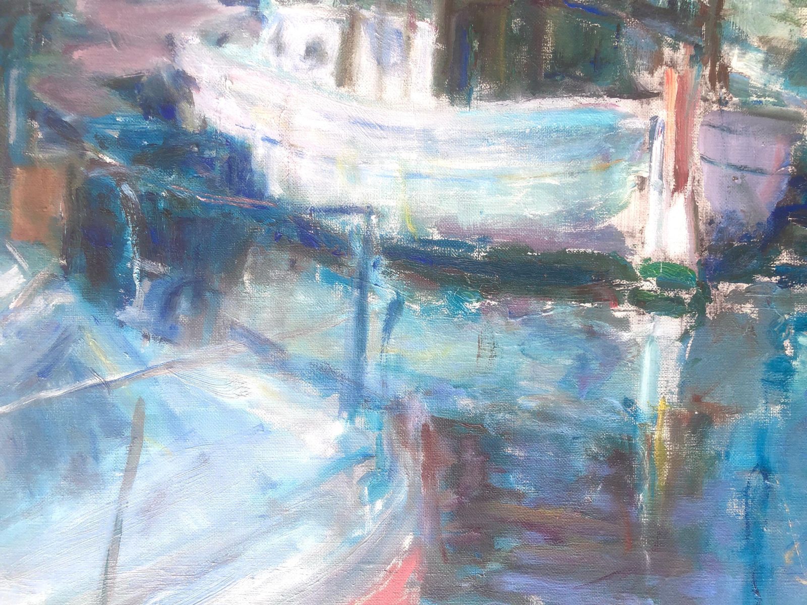 Gabino Rey Santiago Barcelona Fishing Port Oil On Canvas Painting Spanish Seascape 1986 photo 2900.0