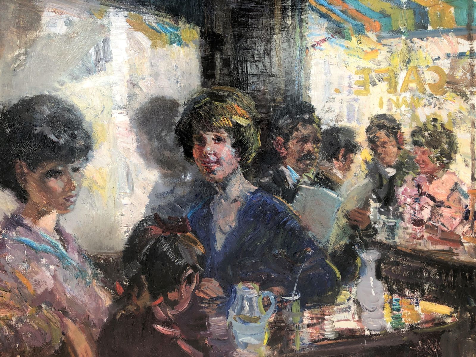 photo furniture Ignacio Gil Sala Modernist Barcelona Café Scene Painting – Spanish Post Impressionist Figurative C.1980
