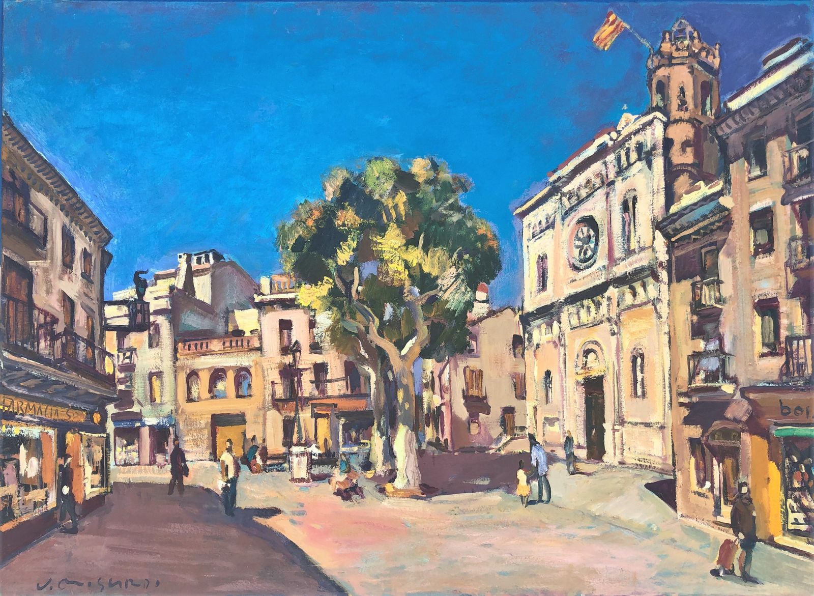 Josep Moscardo Mediterranean Town Square Painting Church Plaza Catalonia Spain Large Oil Canvas 2003