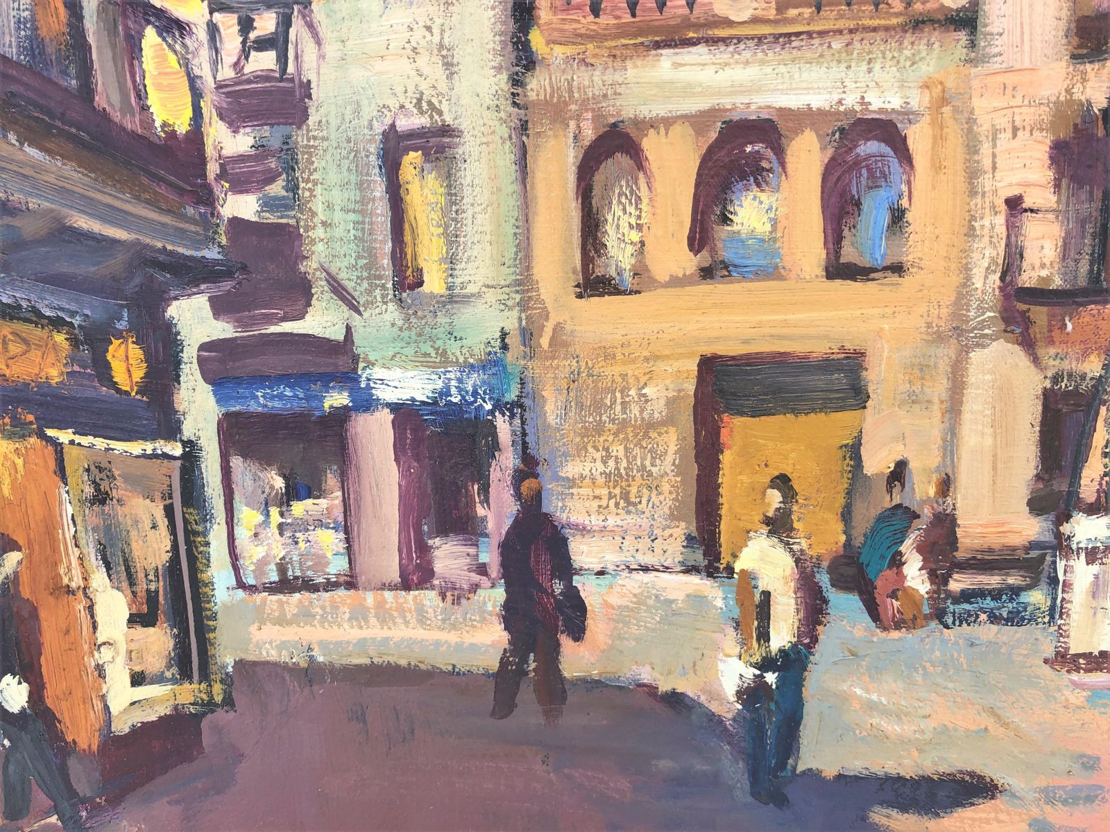 Josep Moscardo Mediterranean Town Square Painting Church Plaza Catalonia Spain Large Oil Canvas 2003 photo for sale