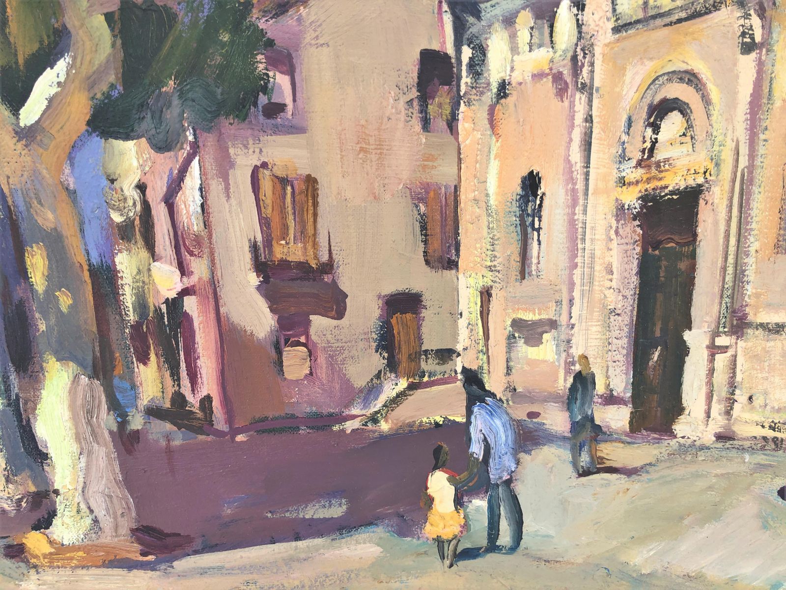 Josep Moscardo Mediterranean Town Square Painting Church Plaza Catalonia Spain Large Oil Canvas 2003 photo Art