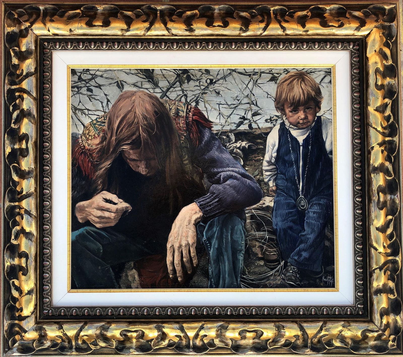 José Luis Fuentetaja Figurative Realist Acrylic Painting, Hippie Era Scene, Spanish Art 1980s Framed photo furniture