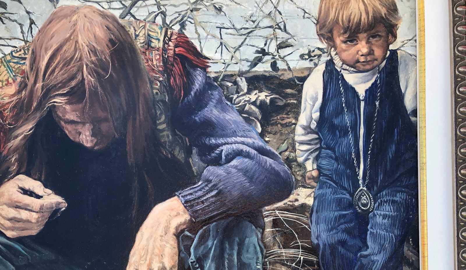 photo furniture José Luis Fuentetaja Figurative Realist Acrylic Painting, Hippie Era Scene, Spanish Art 1980s Framed
