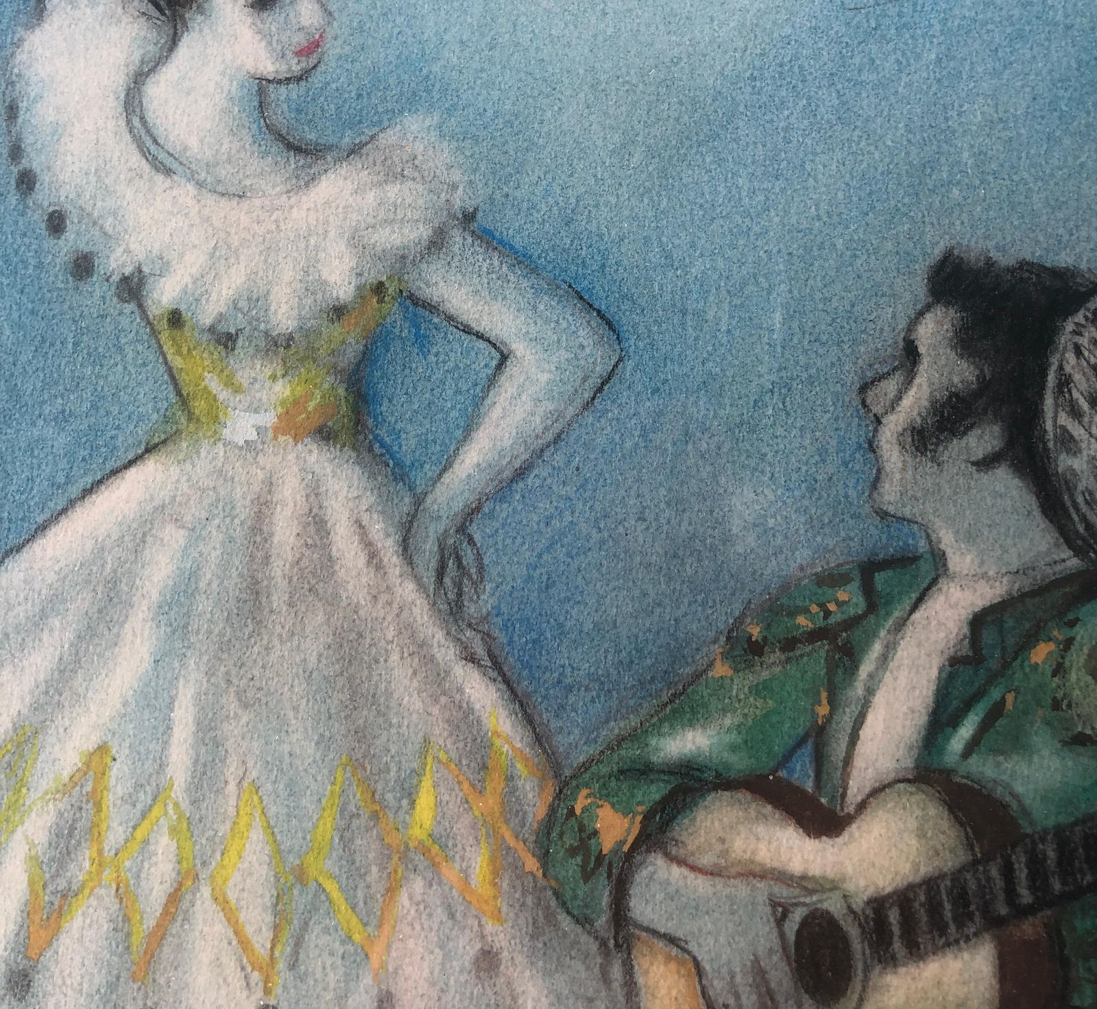 Alfredo Opisso Spanish Flamenco Dancer Guitarist Scene Pastel Drawing Mid Century Barcelona 1960s photo 700.0