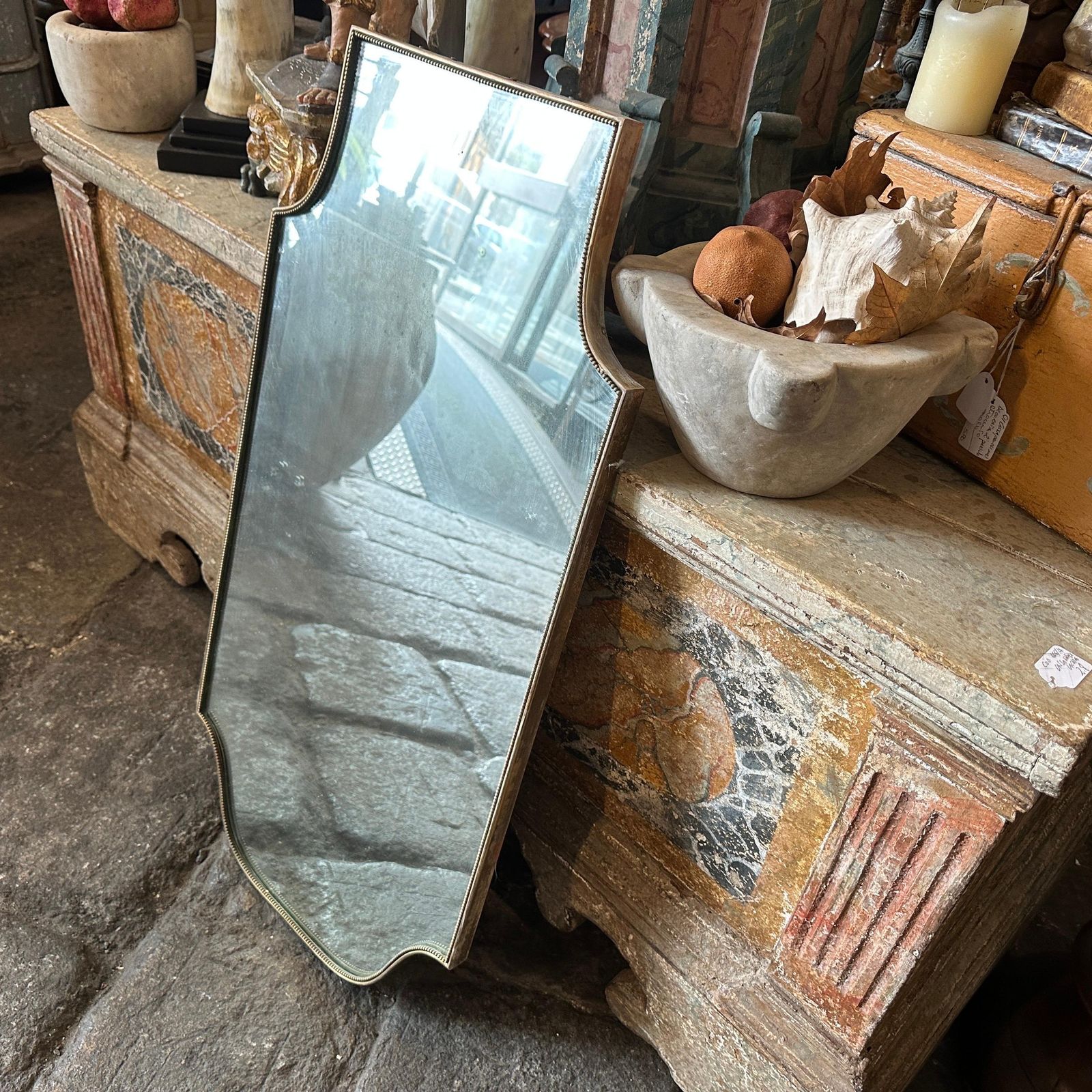 1960s Gio Ponti Style Mid Century Modern Brass Shield Italian Wall Mirrror photo vintage