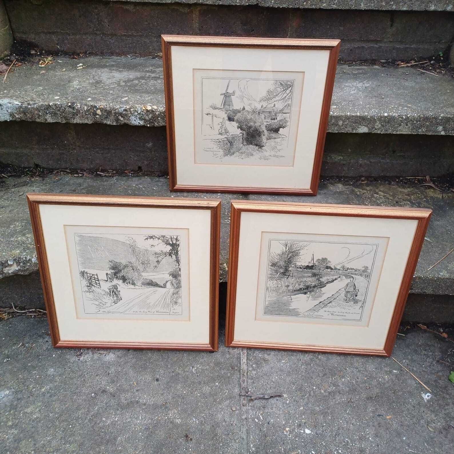 Sussex Cycling Prints   3 Pen And Ink Drawings Of West & East Sussex Scenes, All Professionally Framed