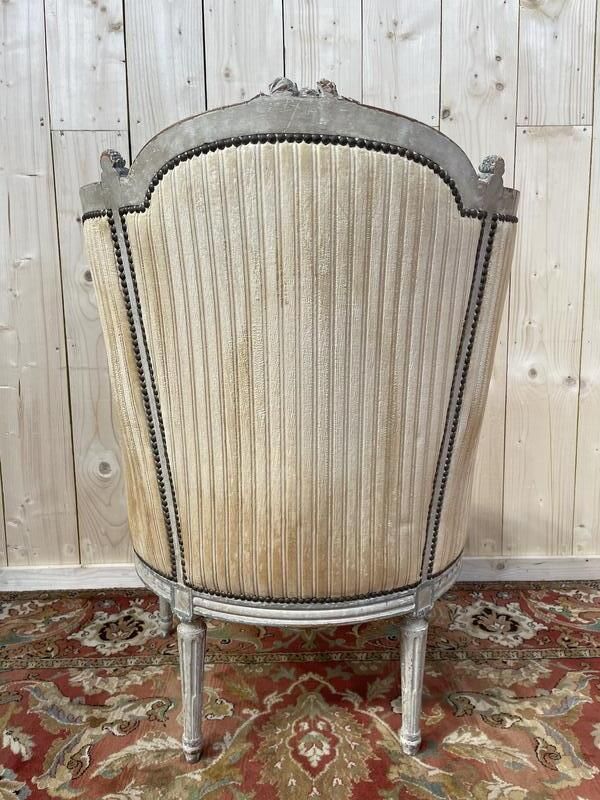 Fauteuil   Bergère De Style Louis XVI Réchampie Velours Beige photo vinterior