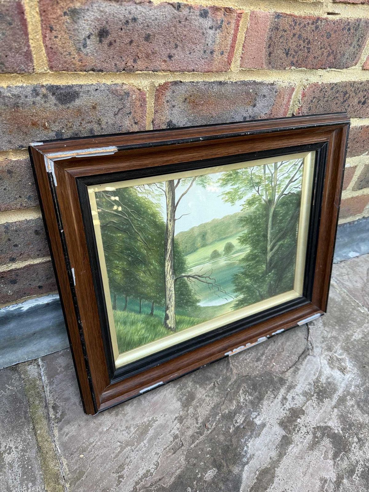 Early 1900s Landscape Painting In Stunning Vintage Wooden Gesso Glazed Frame photo furniture