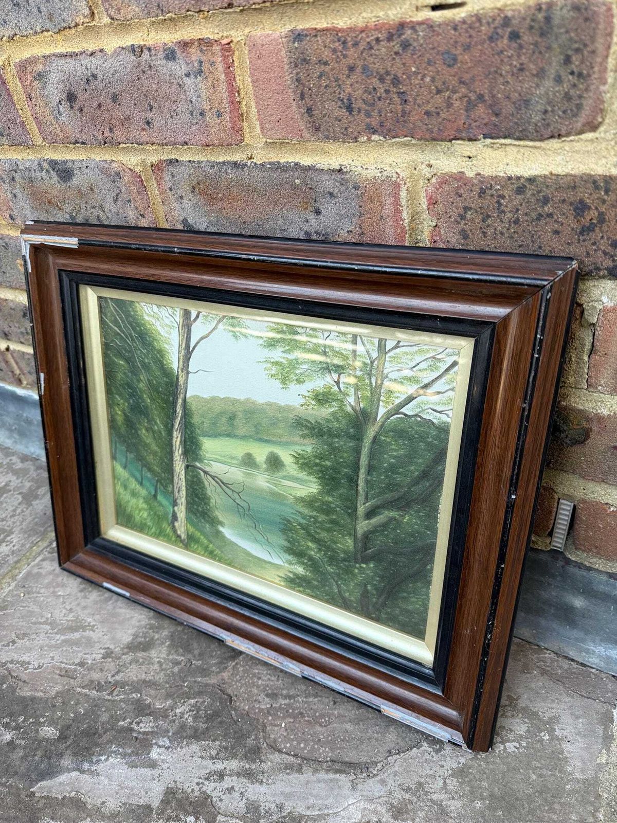 Early 1900s Landscape Painting In Stunning Vintage Wooden Gesso Glazed Frame photo for sale