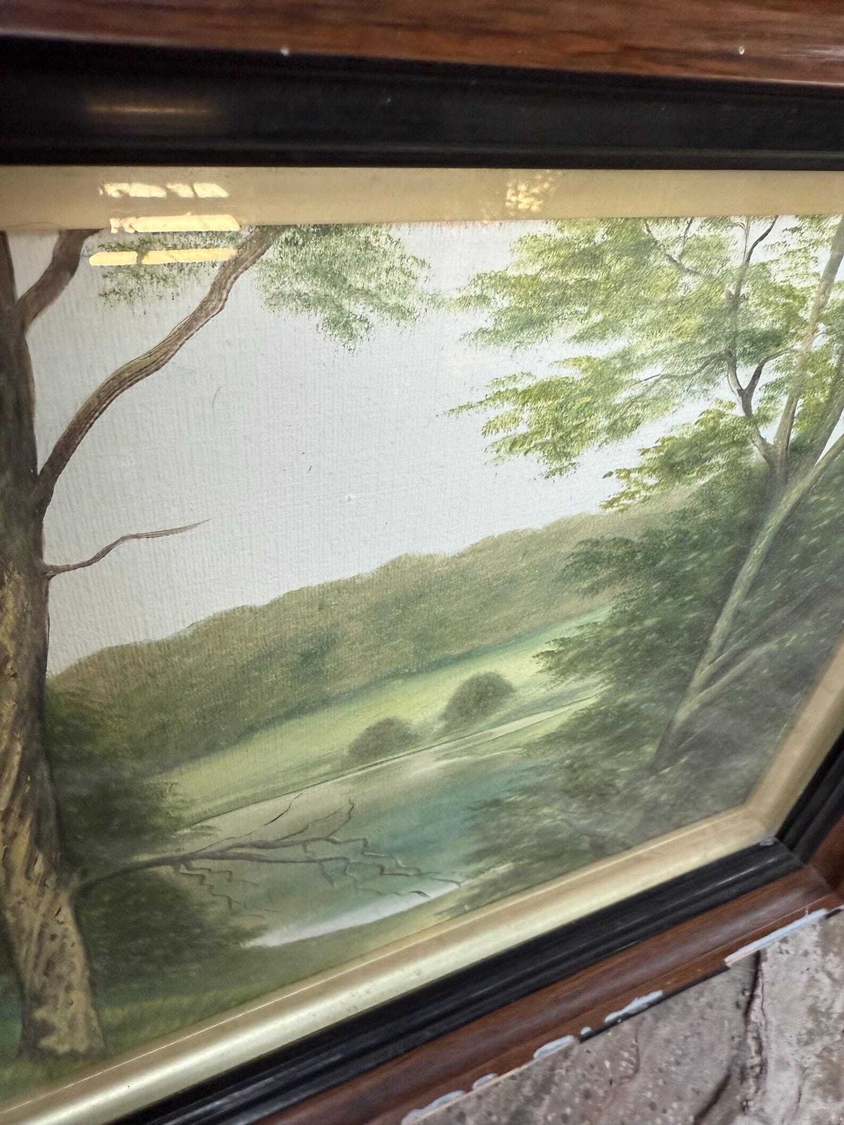 Early 1900s Landscape Painting In Stunning Vintage Wooden Gesso Glazed Frame photo Home Decor