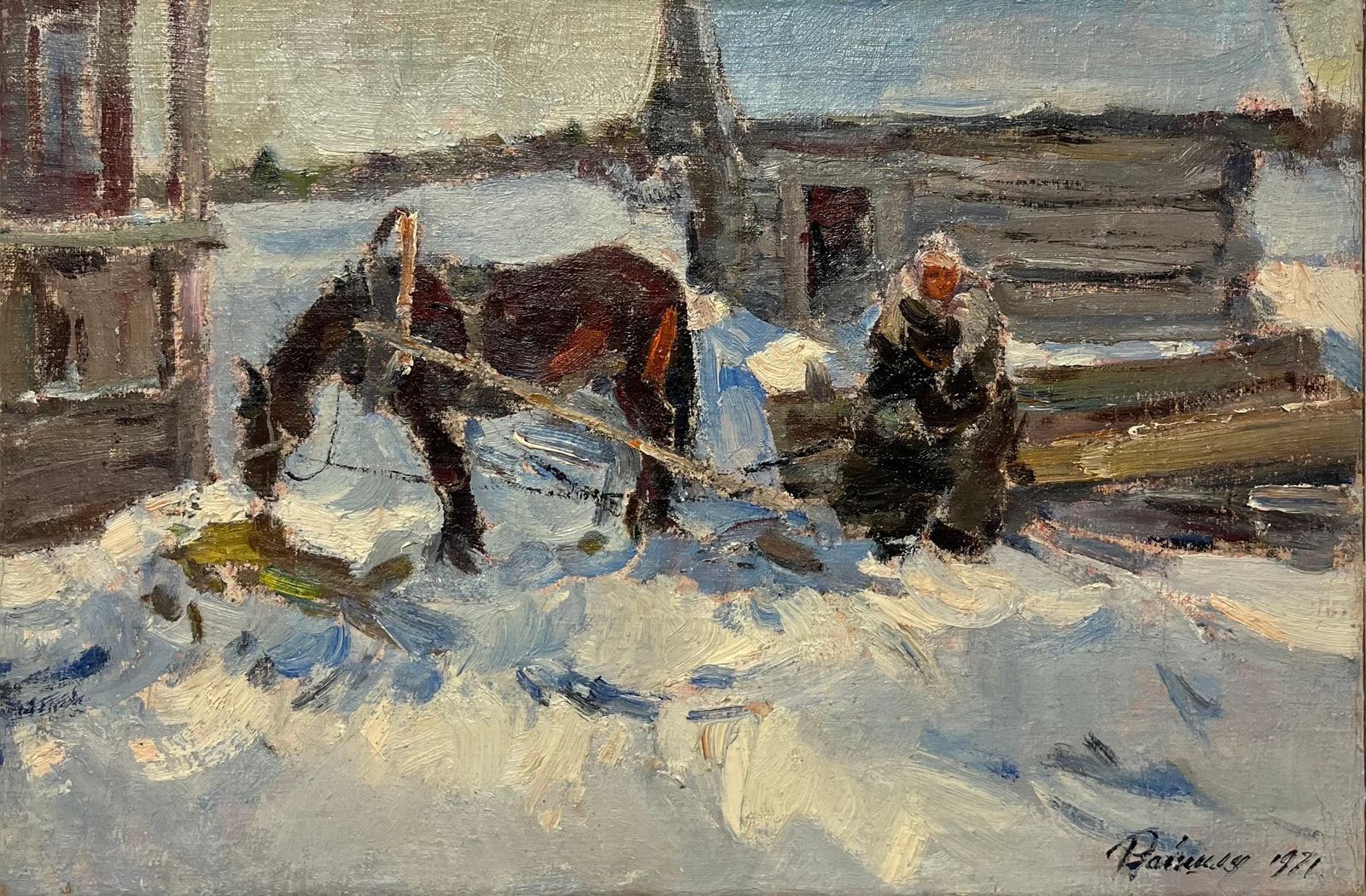 Leonid Vaichilia"Wait" Snow, Winter,  Oil   Cm. 50 X 33  19711971 photo furniture