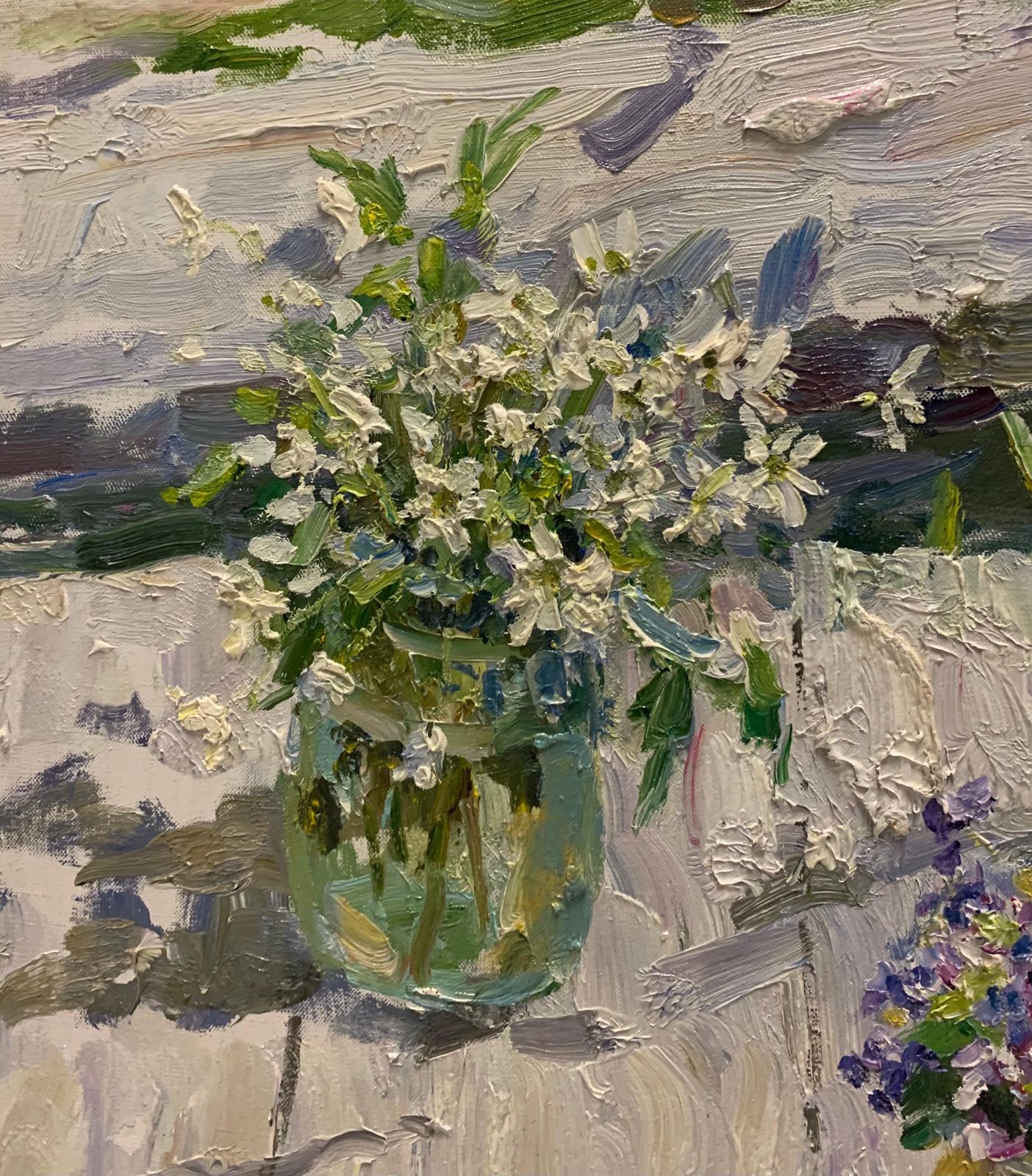 Georgij Moroz" First Spring Flo On The Table" Oil Cm. 52 X 47 Flowers, Viola, Violette, White2000 photo Art