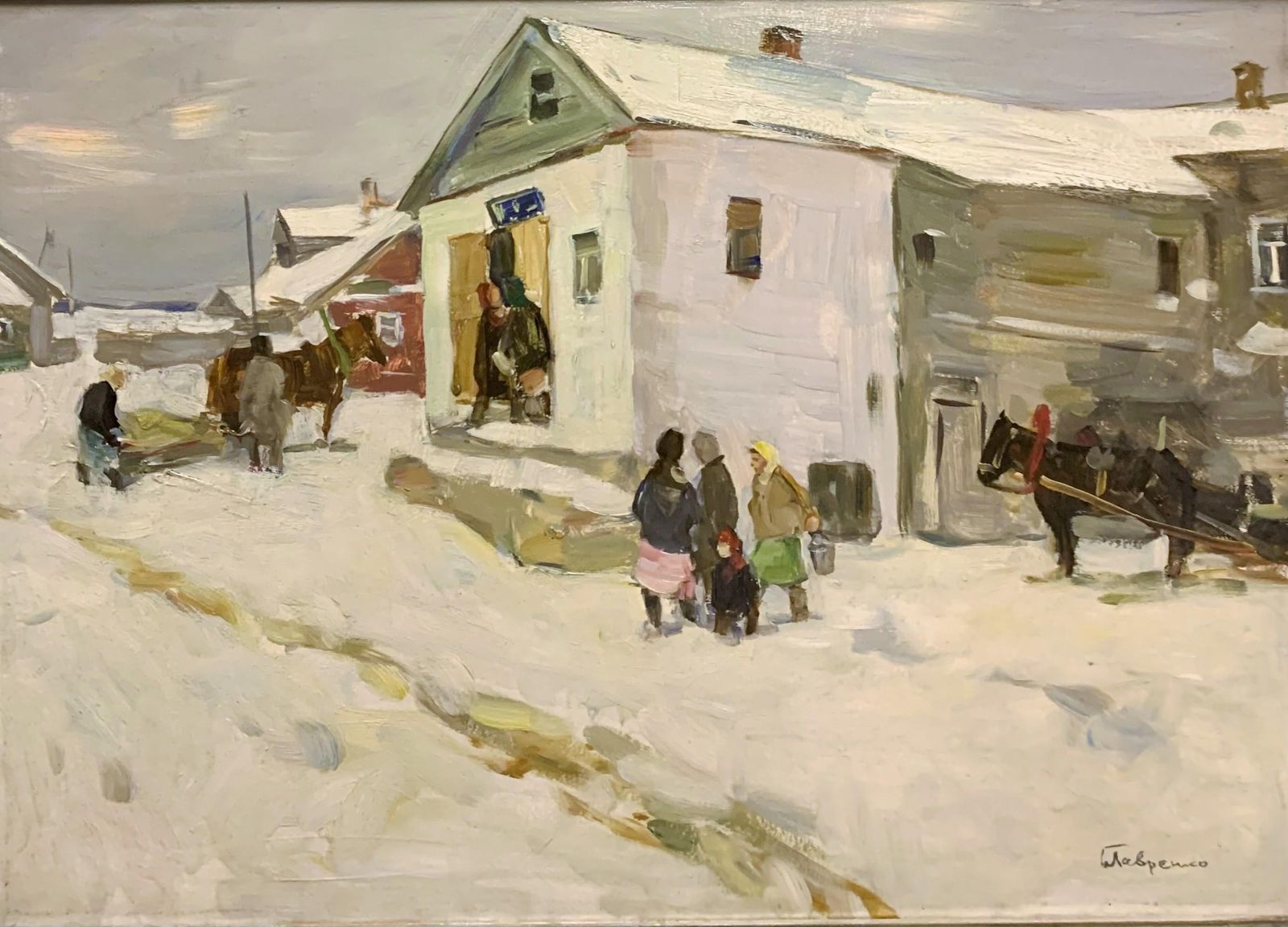 Boris Lavrenko"Little Shop In The Village" Oil 1980, Snow, Winter, White1980 photo furniture