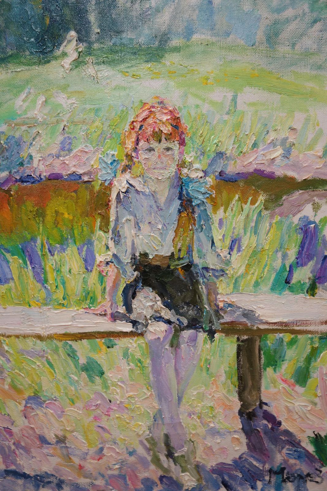 Georgij Moroz"Little Girl With Red Braids"Child, Green, Red, Spring  Cm. 89 X 98 2002 photo furniture