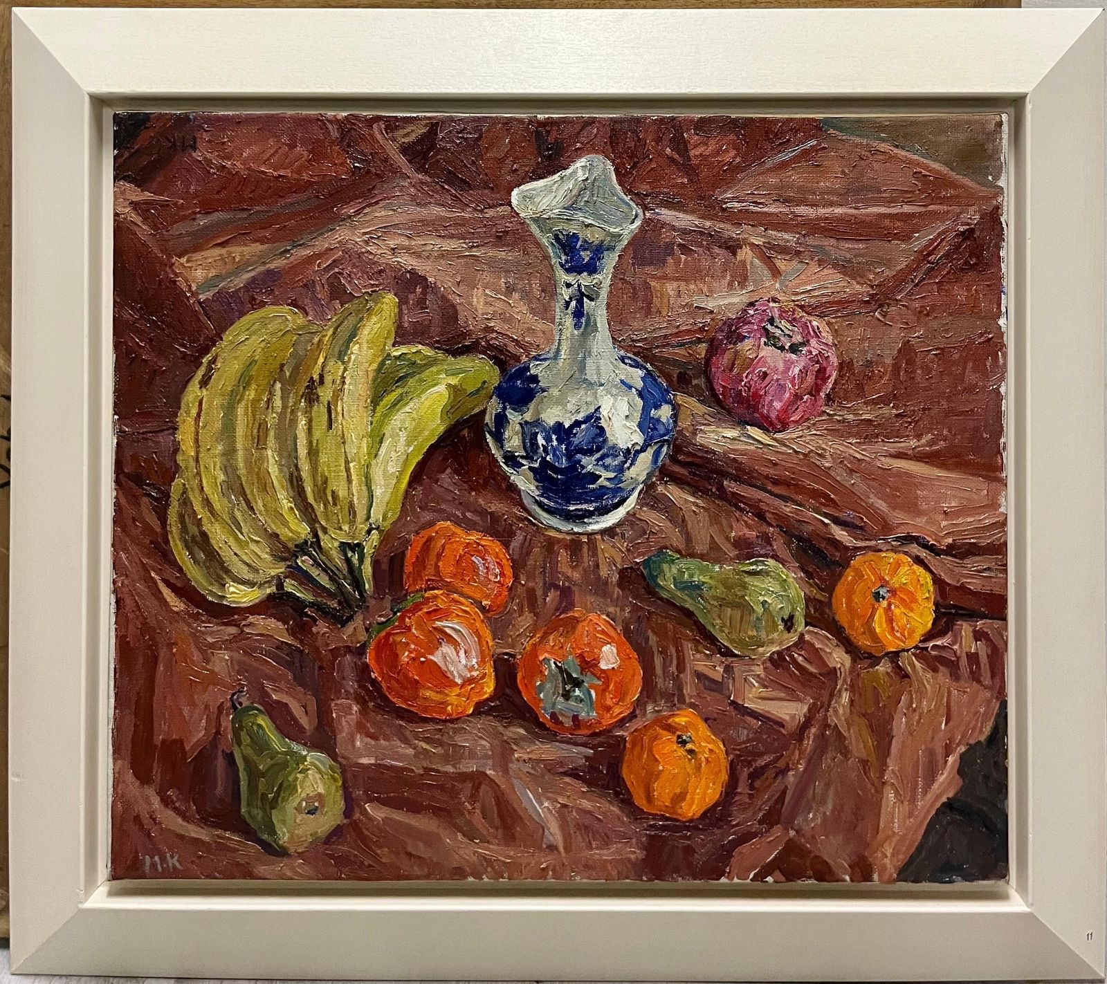 Maya Kopitzeva" Natura Morta Con Vaso Blu E Cachi Arancioni " Olio , Cm 69 X 59  19871987