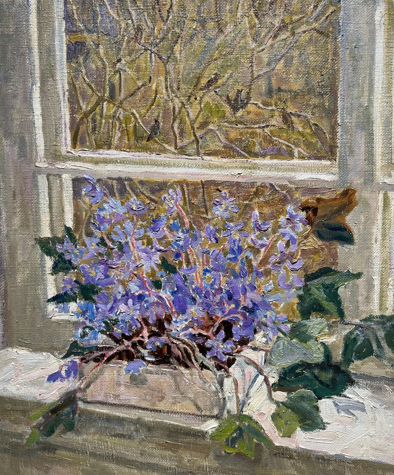 Maya Kopitzeva"Snowdrop"Flowers , Window , Violet, Violets Oil Cm.  55 X 55 1998 photo for sale