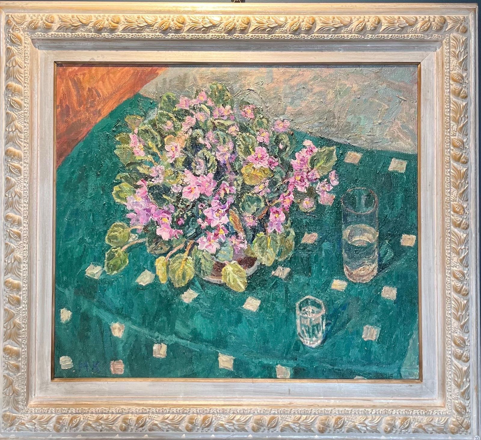 Maya Kopitzeva" Violets On A Green Tablecloth" Oil Cm. 70 X 60