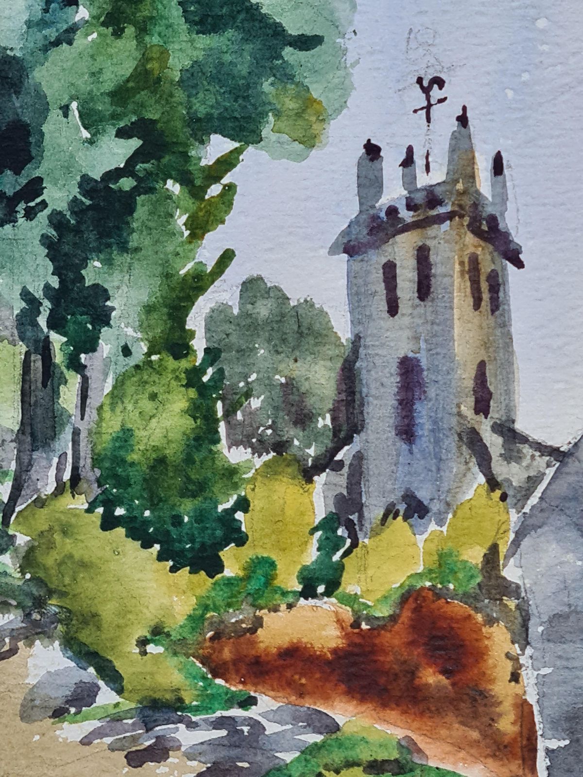 Henri Clamen1930s French Barbizon School Watercolour Of A Church In A Lansdscape. photo furniture