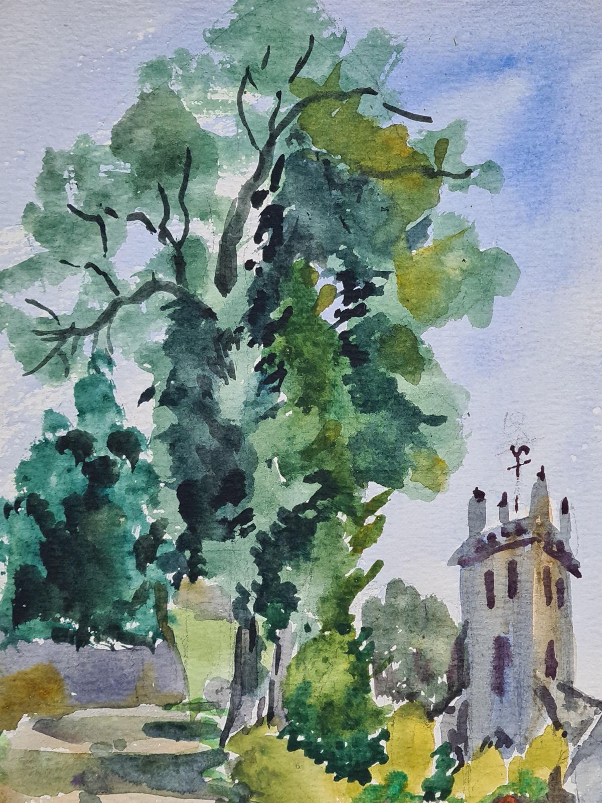 Henri Clamen1930s French Barbizon School Watercolour Of A Church In A Lansdscape. photo for sale